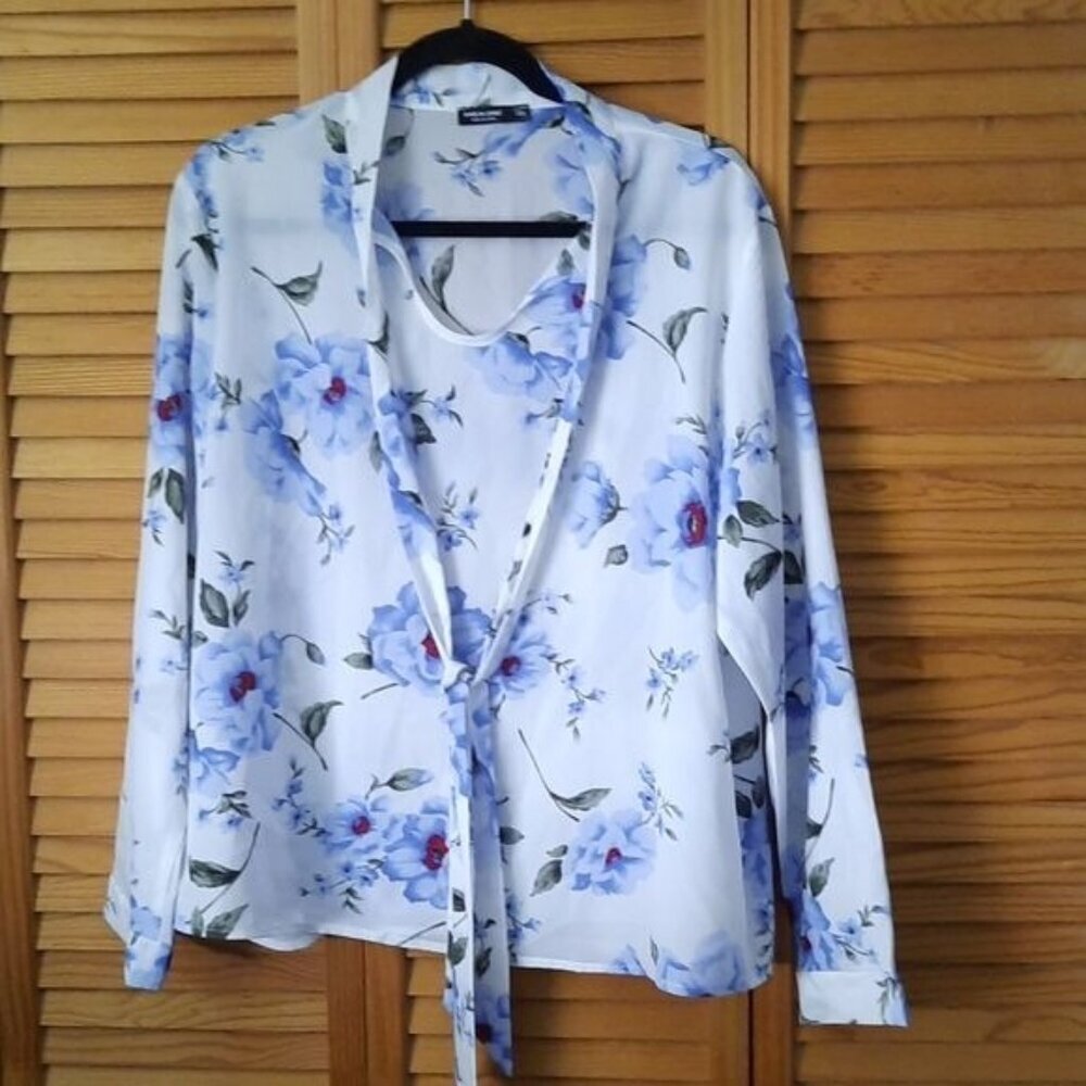 Shein Curve Sheer Long Sleeve Keyhole Tie Neckline Tunic Size 1XL
